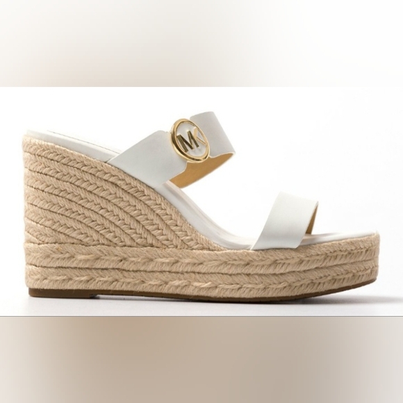 Michael Kors Lucinda Vachetta Leather Epadrille Wedge Sandals, White Leather 10 - Picture 3 of 16